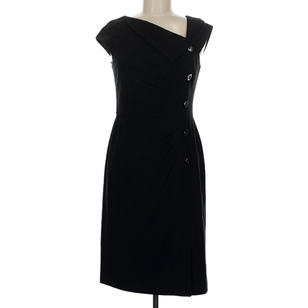 White House Black Market Black Asymmetrical Portrait Collar Sheath Dress Size 4